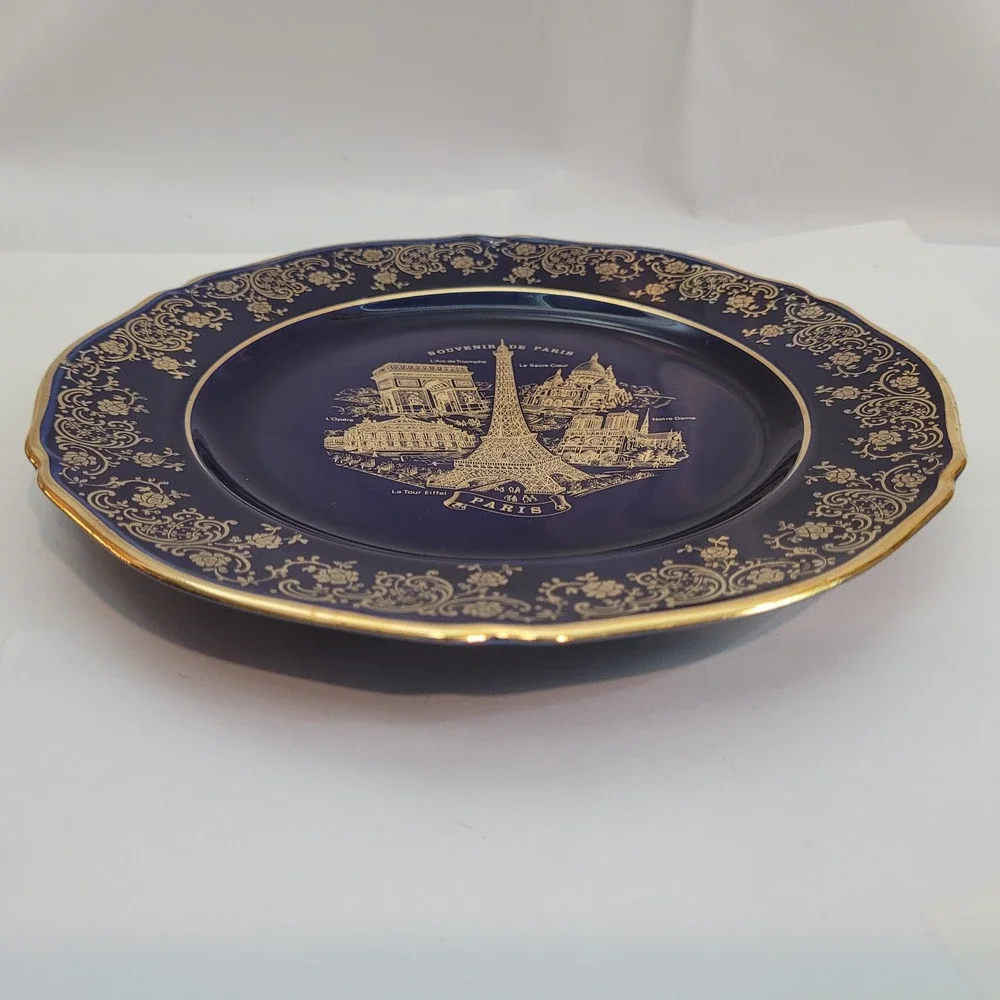 Florance Limoges Souvenir de Paris Plate Cobalt Blue Gold Gilt French Porcelain